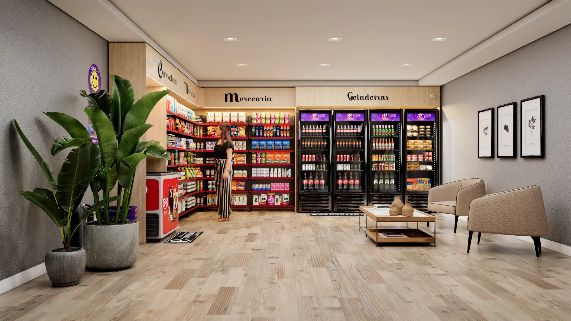Projeto de minimercado Expresso Foods com mercearia, geladeiras e espaço de convivência