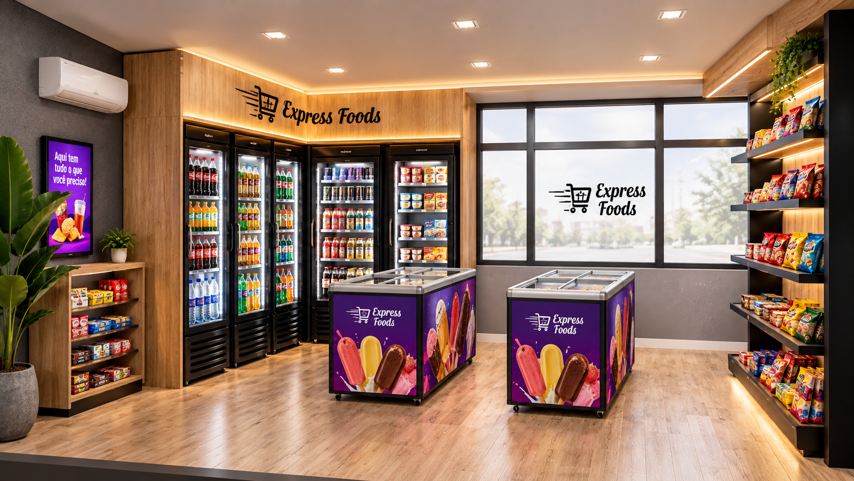 Interior de um minimercado Expresso Foods com geladeiras, gôndolas e produtos